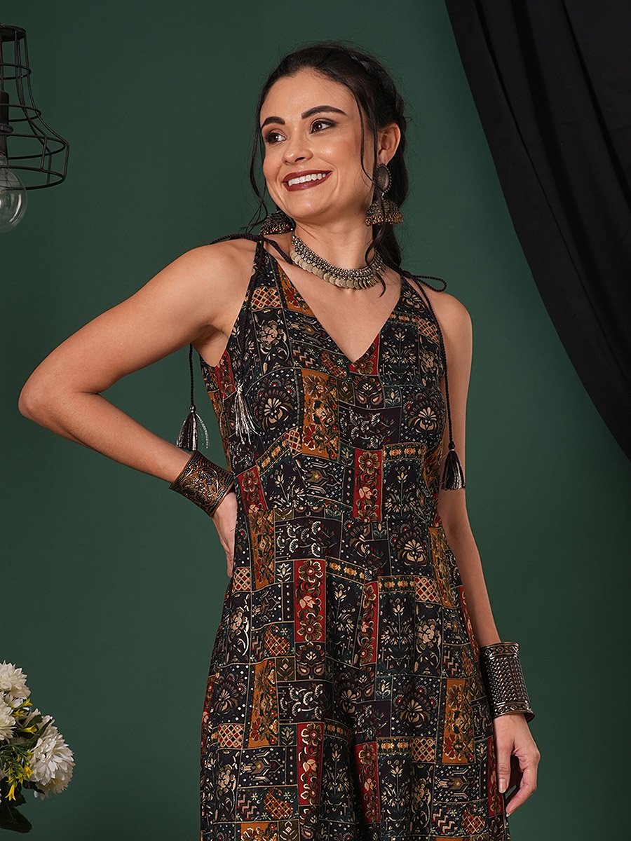 Tassel Tie-Up Straps Ethnic Floral Print Flared Fusion Jumpsuit