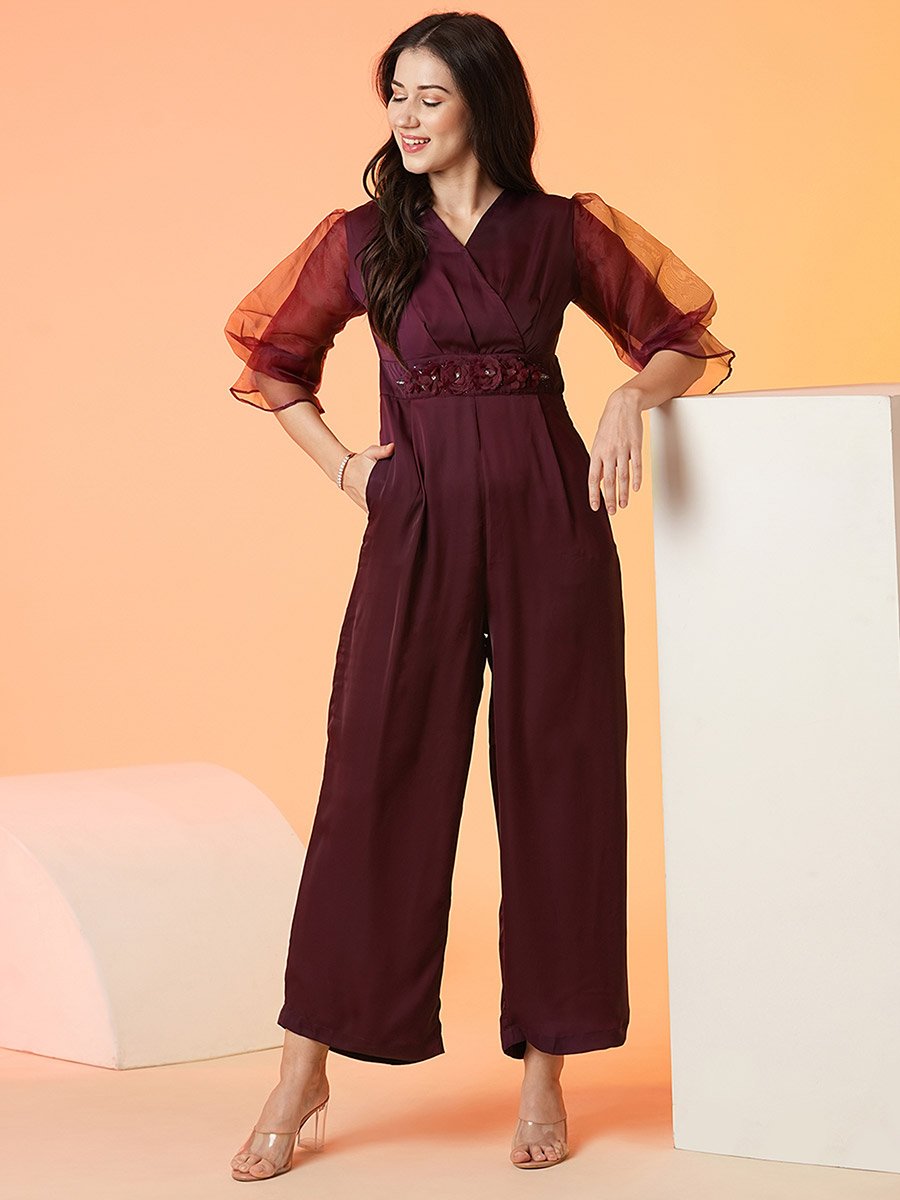 Floral Applique Waist Wrap Neck Jumpsuit