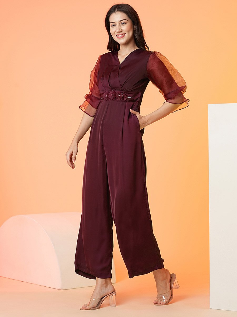 Floral Applique Waist Wrap Neck Jumpsuit