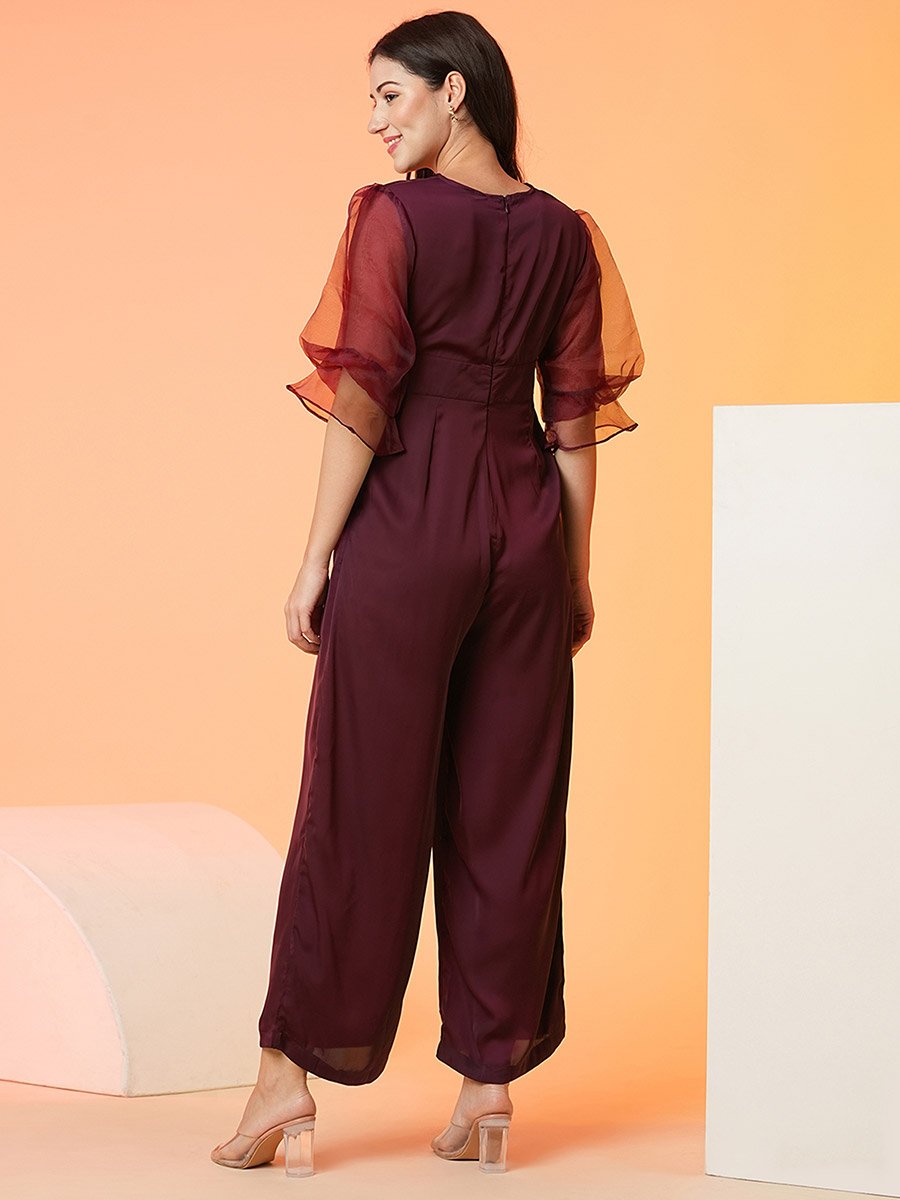 Floral Applique Waist Wrap Neck Jumpsuit