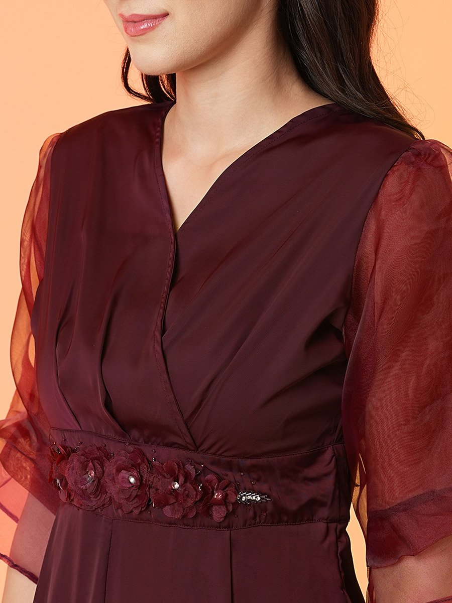 Floral Applique Waist Wrap Neck Jumpsuit