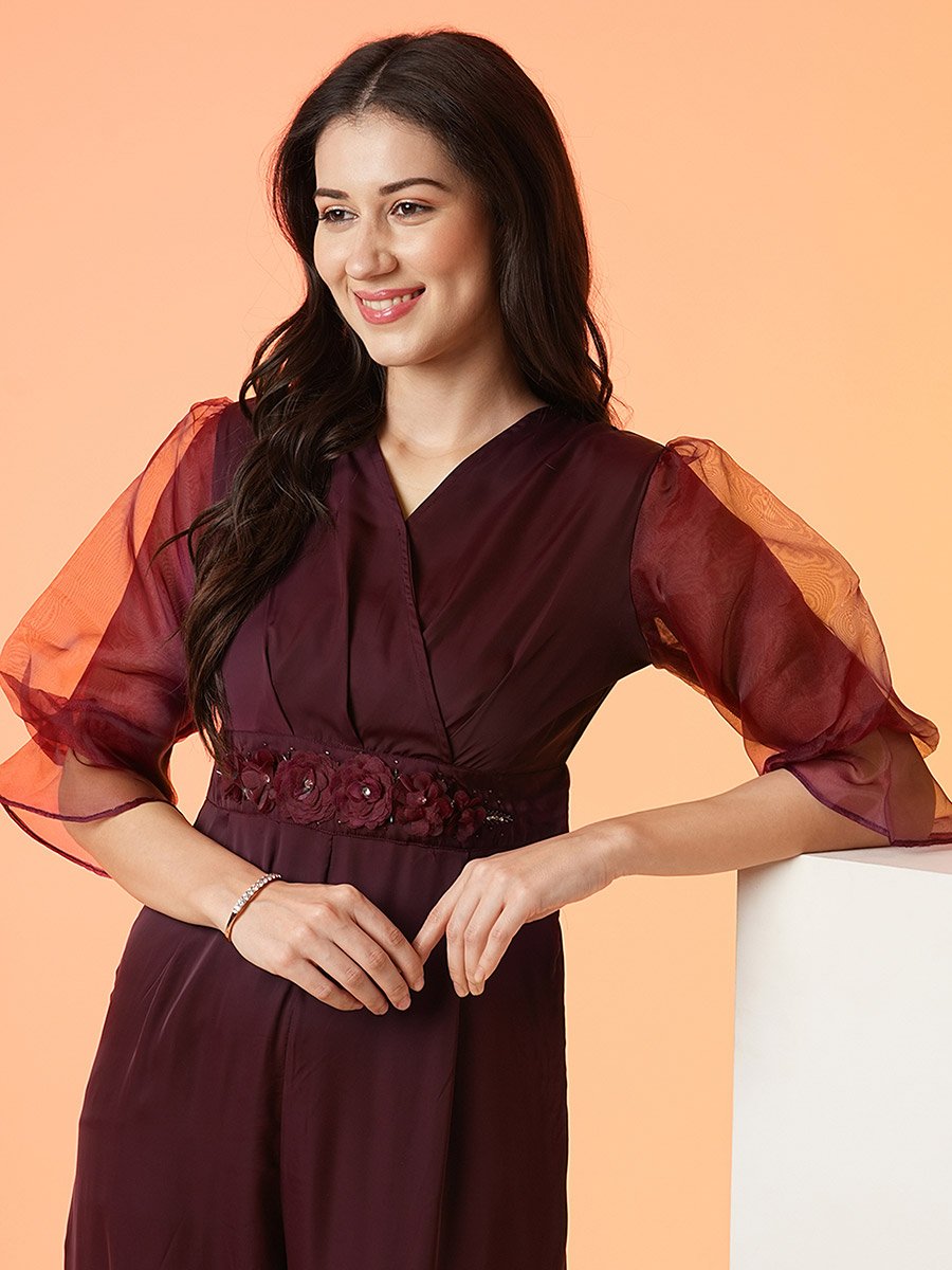 Floral Applique Waist Wrap Neck Jumpsuit