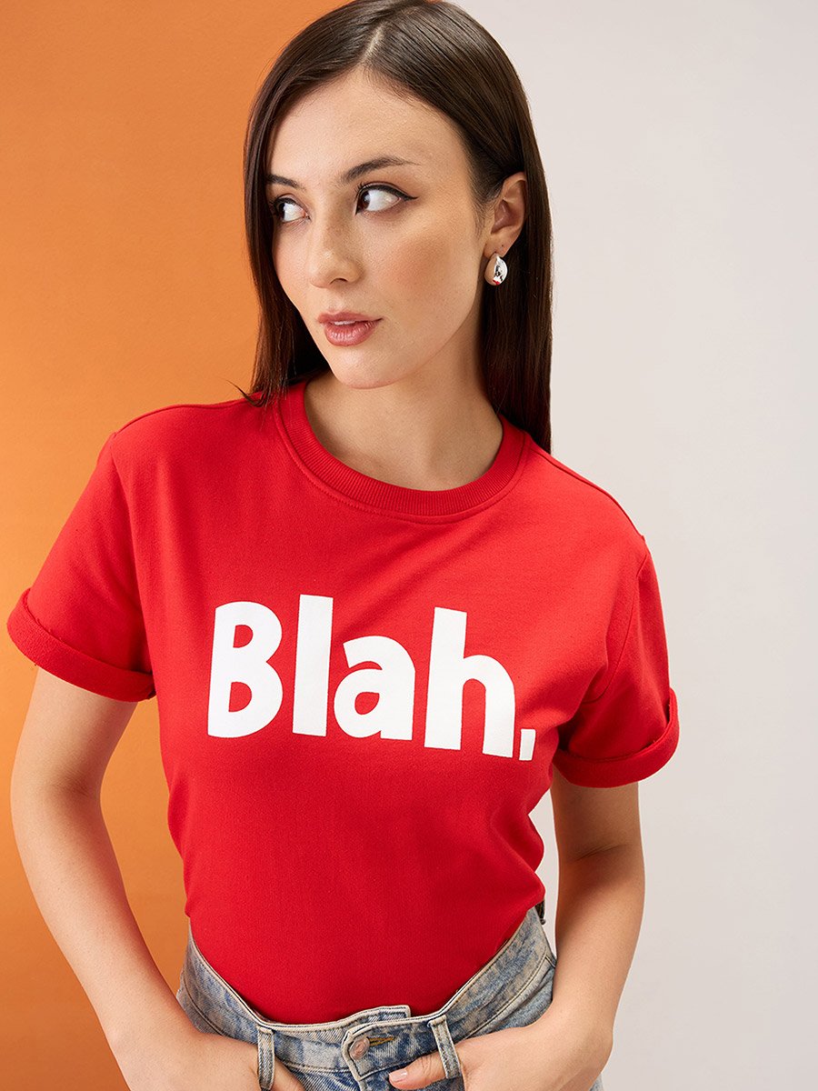 Red Slogan Print Round Neck Boxy Fit T-Shirt