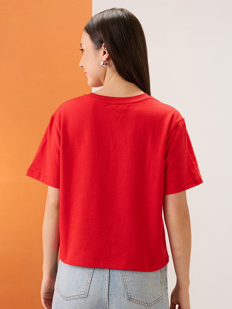 Red Slogan Print Round Neck Boxy Fit T-Shirt