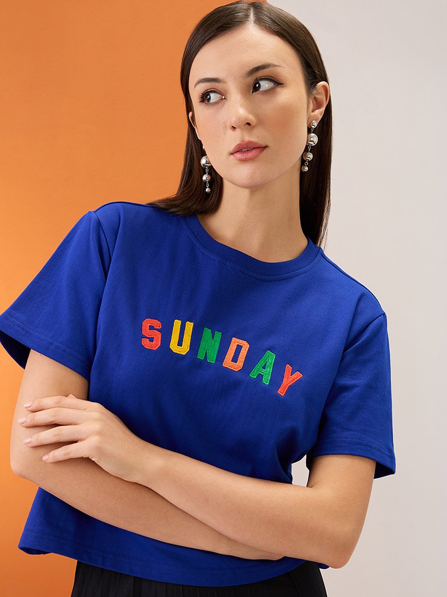 Blue Embroidered Slogan Boxy Fit Crop T-Shirt