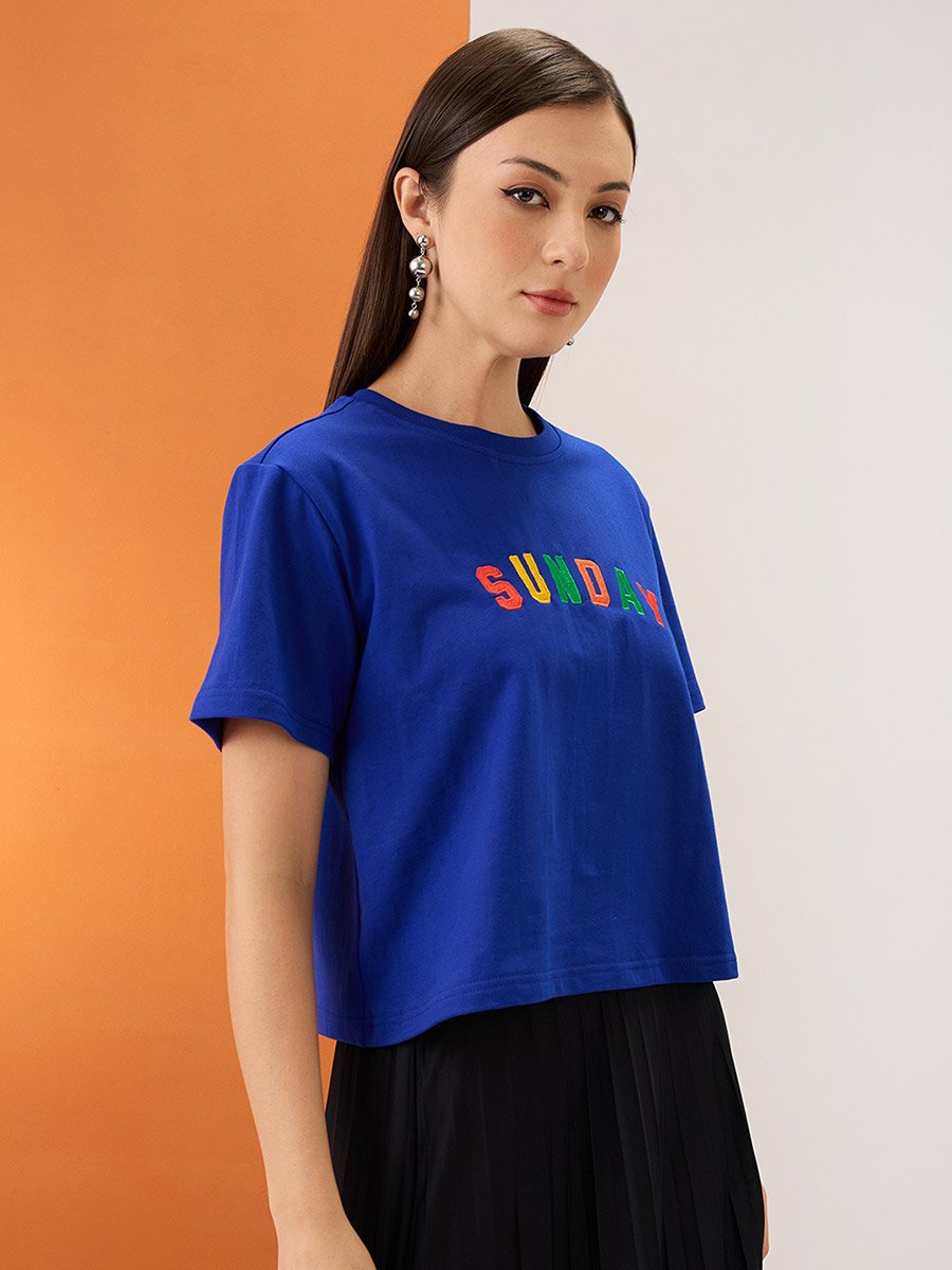 Blue Embroidered Slogan Boxy Fit Crop T-Shirt