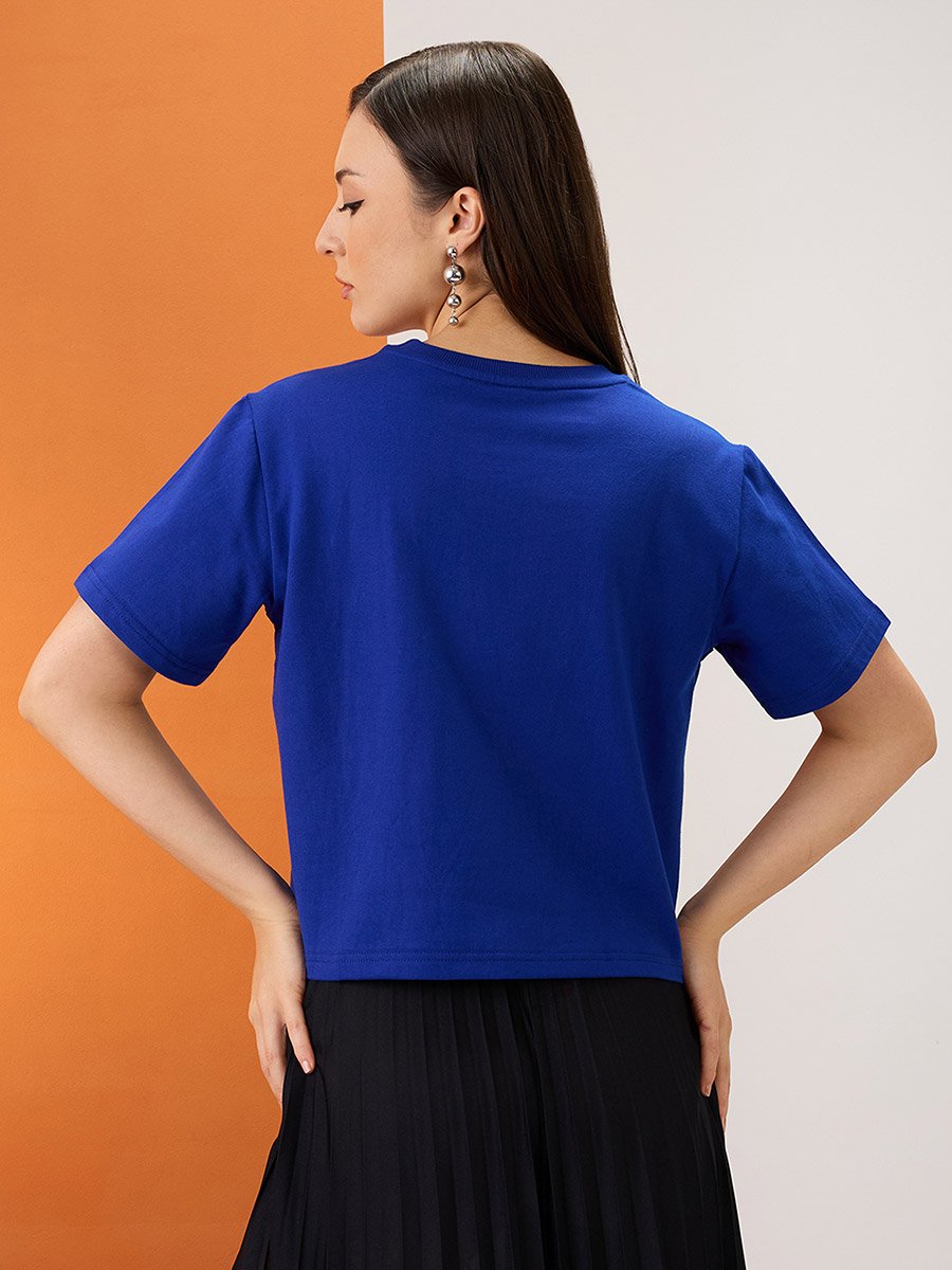 Blue Embroidered Slogan Boxy Fit Crop T-Shirt