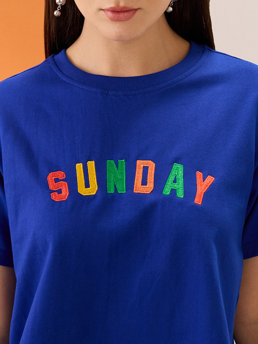 Blue Embroidered Slogan Boxy Fit Crop T-Shirt