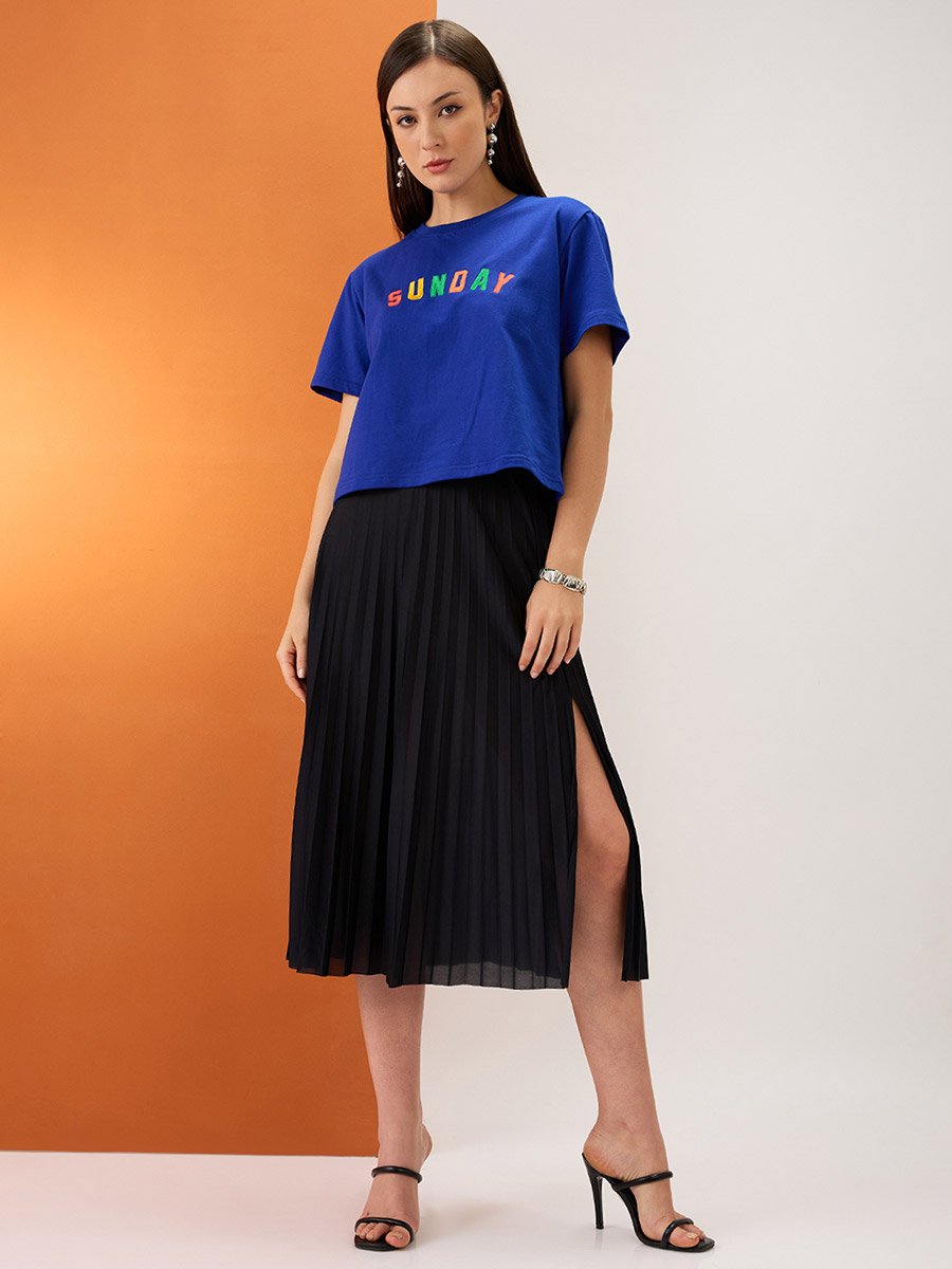 Blue Embroidered Slogan Boxy Fit Crop T-Shirt