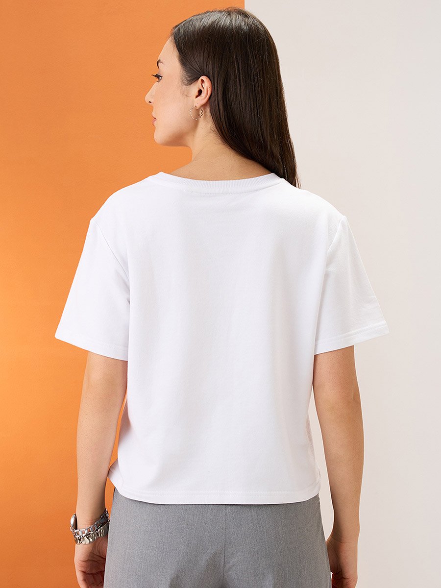 White Slogan Print Embellished Crop T-Shirt