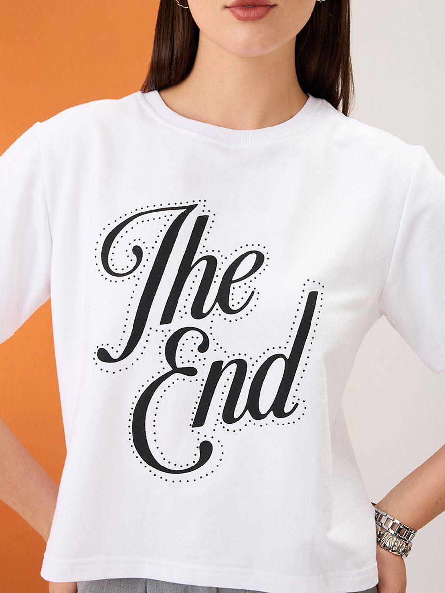 White Slogan Print Embellished Crop T-Shirt
