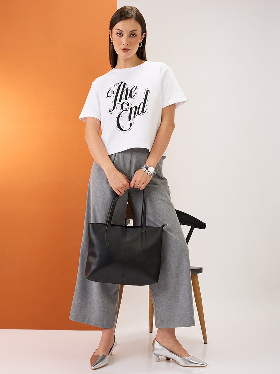 White Slogan Print Embellished Crop T-Shirt