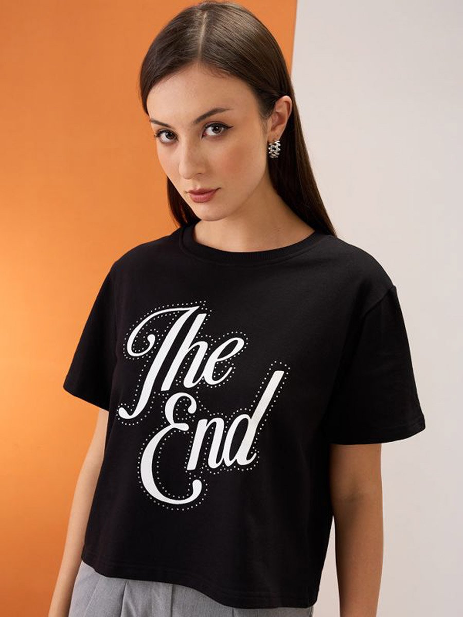 Black Slogan Print Embellished Crop T-Shirt