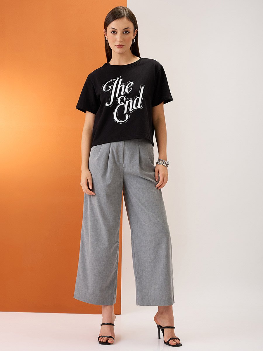 Black Slogan Print Embellished Crop T-Shirt
