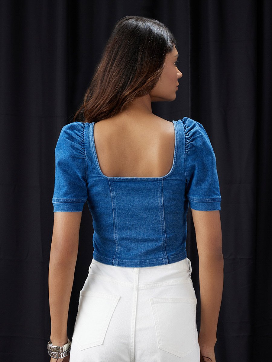 Women Blue Puff Sleeves Denim Corset Top