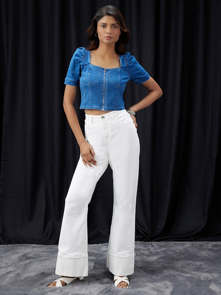 Women Blue Puff Sleeves Denim Corset Top