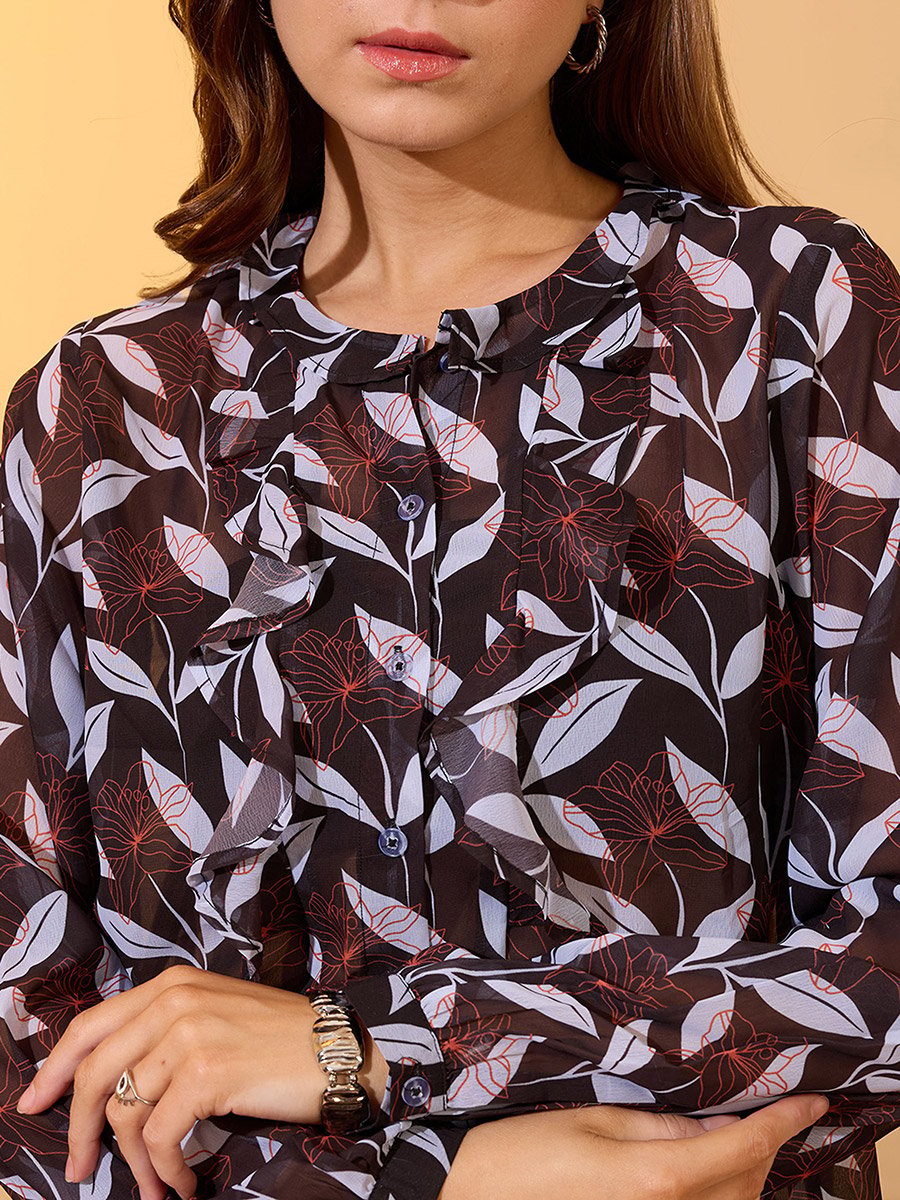 Women Black Long Sleeves Floral Print Top