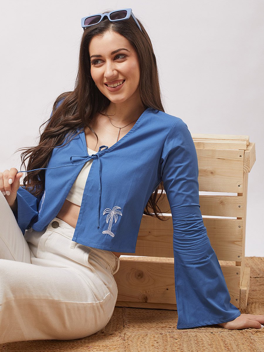 Women Blue Tie-Up Neck Embroidered Detail Crop Top
