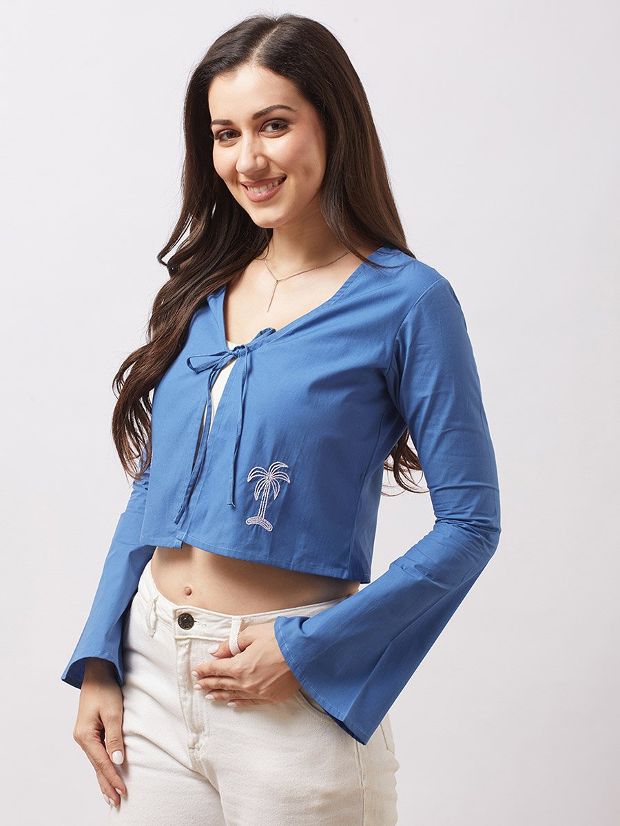 Women Blue Tie-Up Neck Embroidered Detail Crop Top