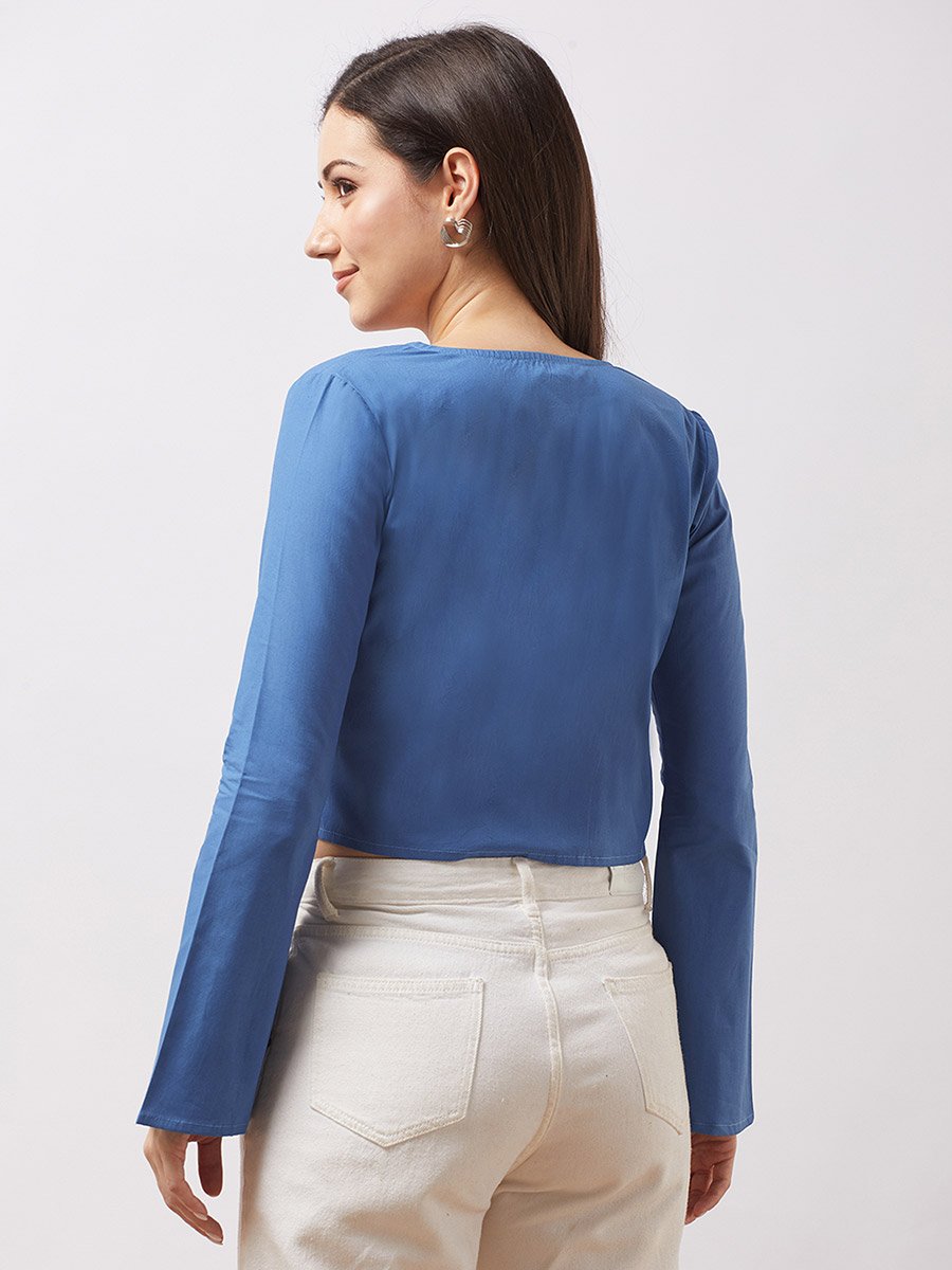 Women Blue Tie-Up Neck Embroidered Detail Crop Top