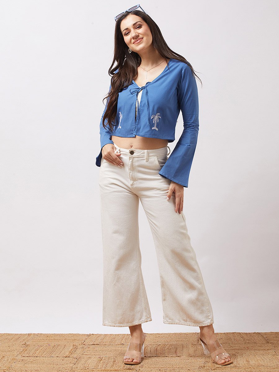 Women Blue Tie-Up Neck Embroidered Detail Crop Top
