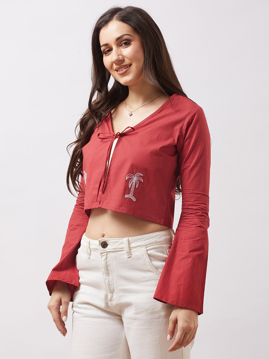 Women Brown Tie-Up Neck Embroidered Detail Crop Top