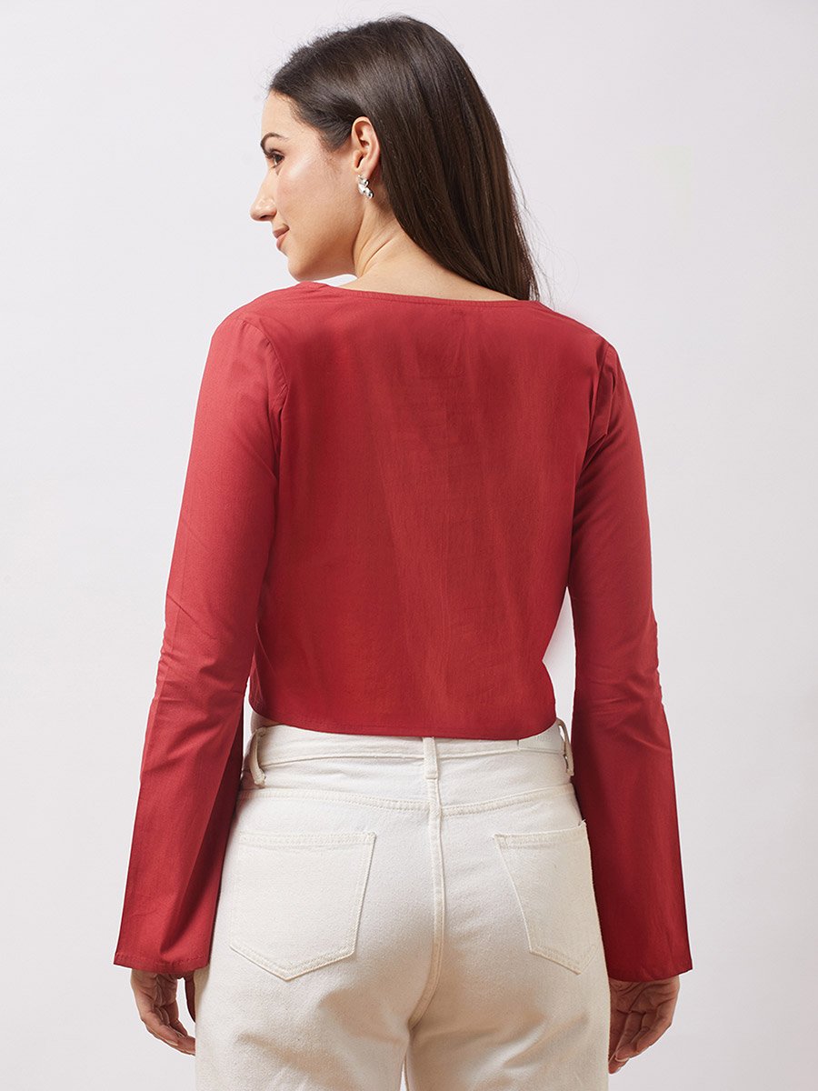 Women Brown Tie-Up Neck Embroidered Detail Crop Top