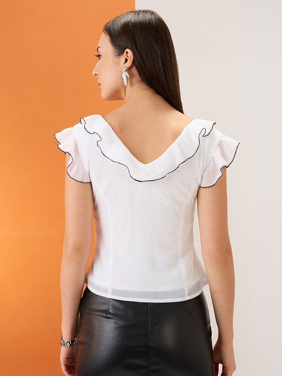 Women White V-Neck Ruffle Piping Detail Top