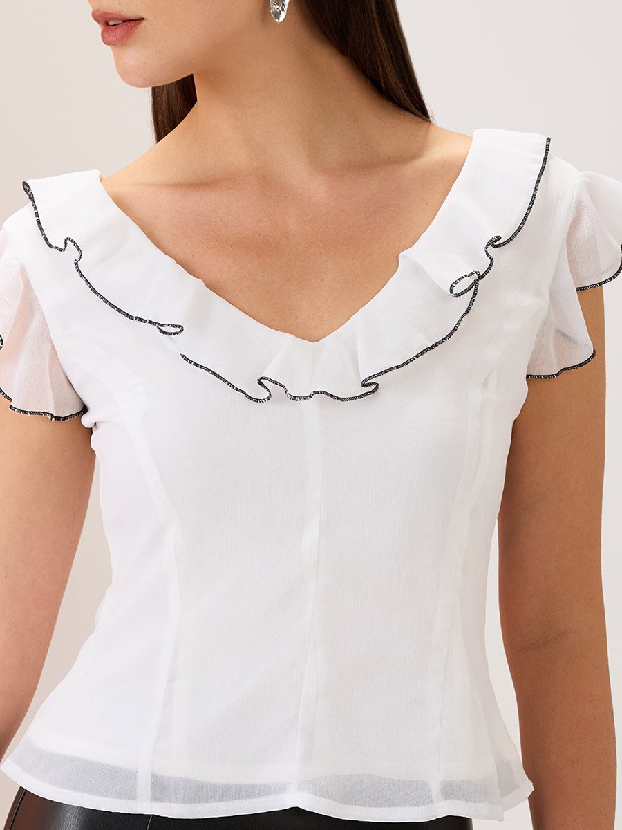 Women White V-Neck Ruffle Piping Detail Top