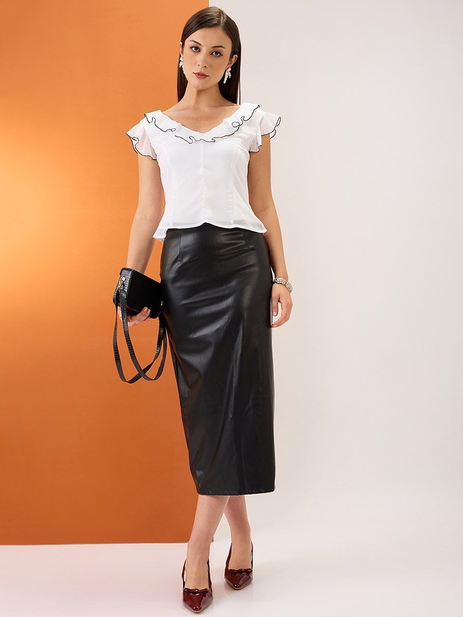 Women White V-Neck Ruffle Piping Detail Top