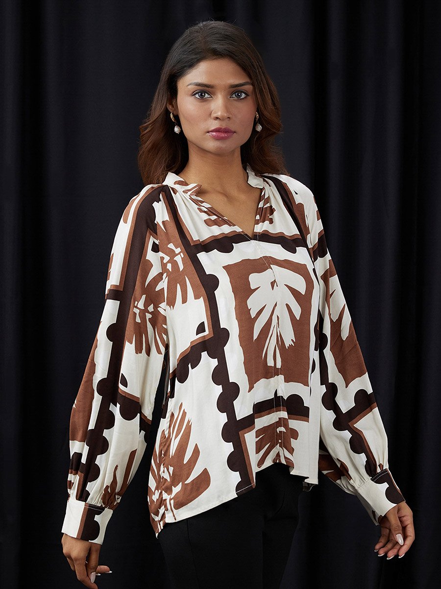 Women Brown Abstract Print V-Neck Top