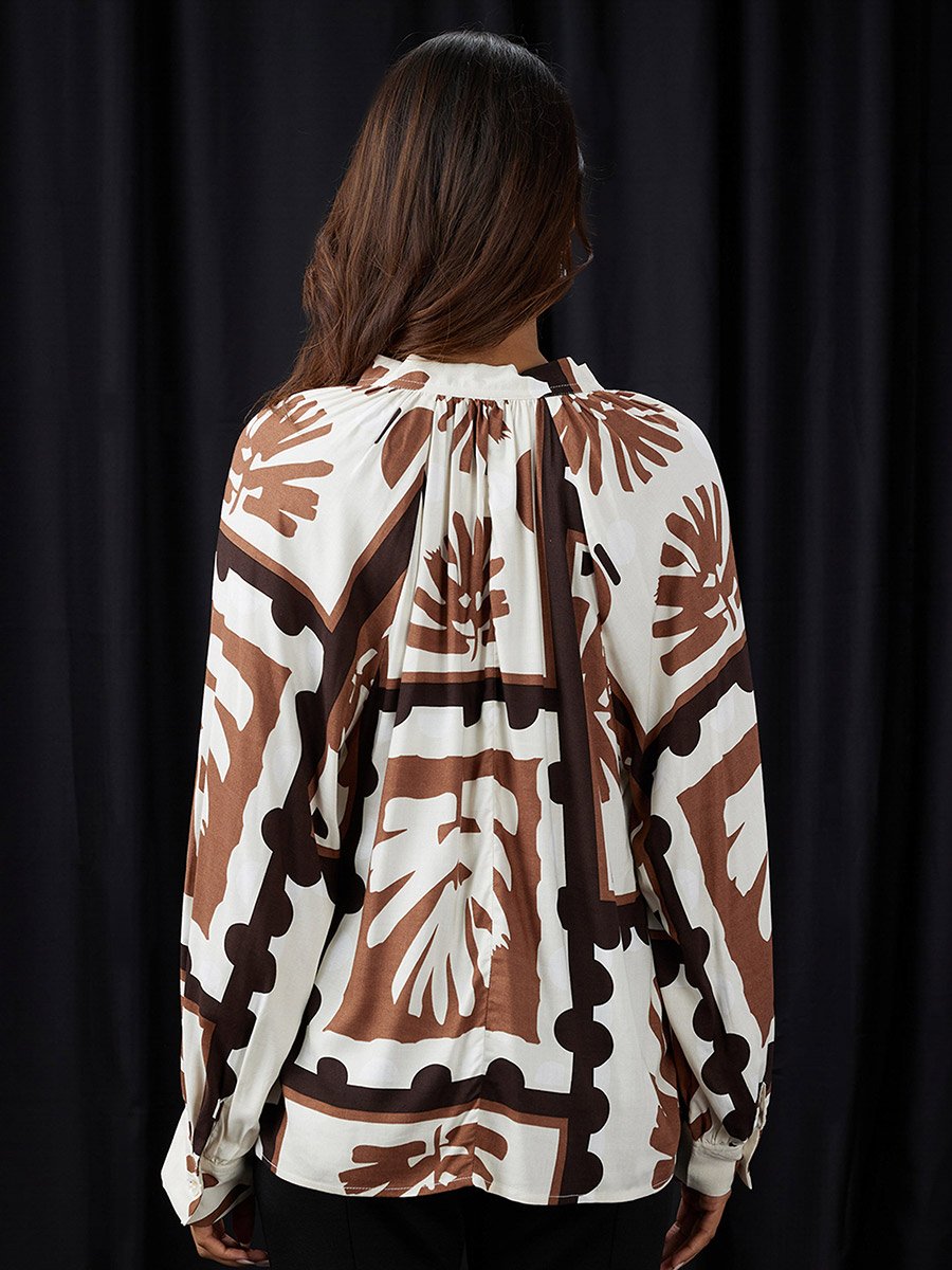 Women Brown Abstract Print V-Neck Top
