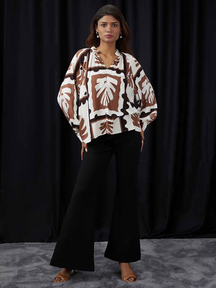 Women Brown Abstract Print V-Neck Top