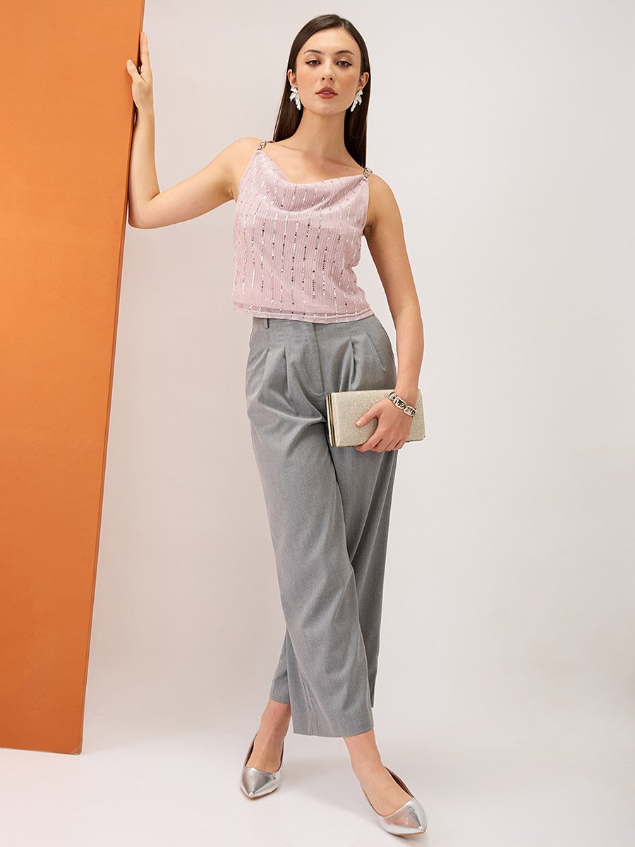 Women Pink Sequin Strappy Top