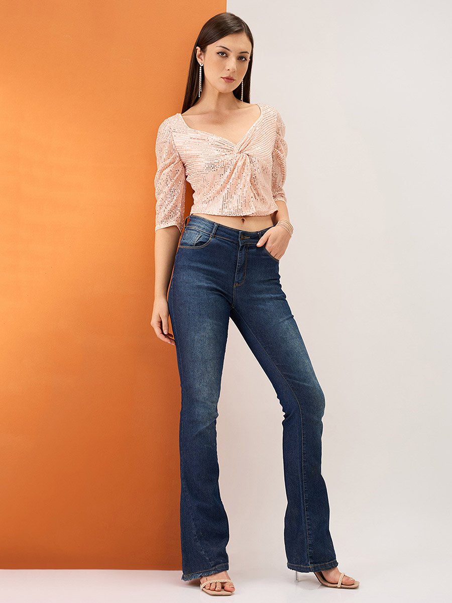 Women Beige Sweetheart Neck Sleeves Sequined Crop Top