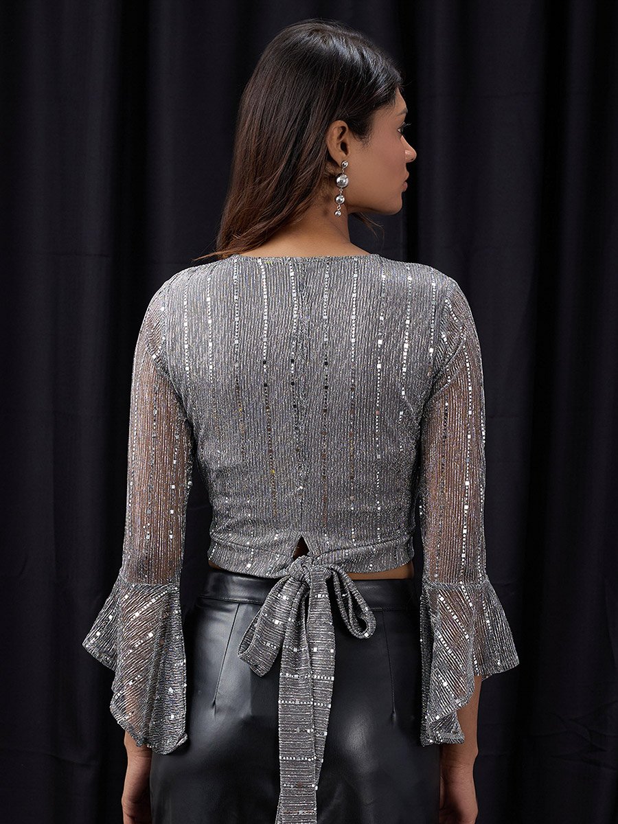 Women Grey Flared Sleeves Embellished Crop Top