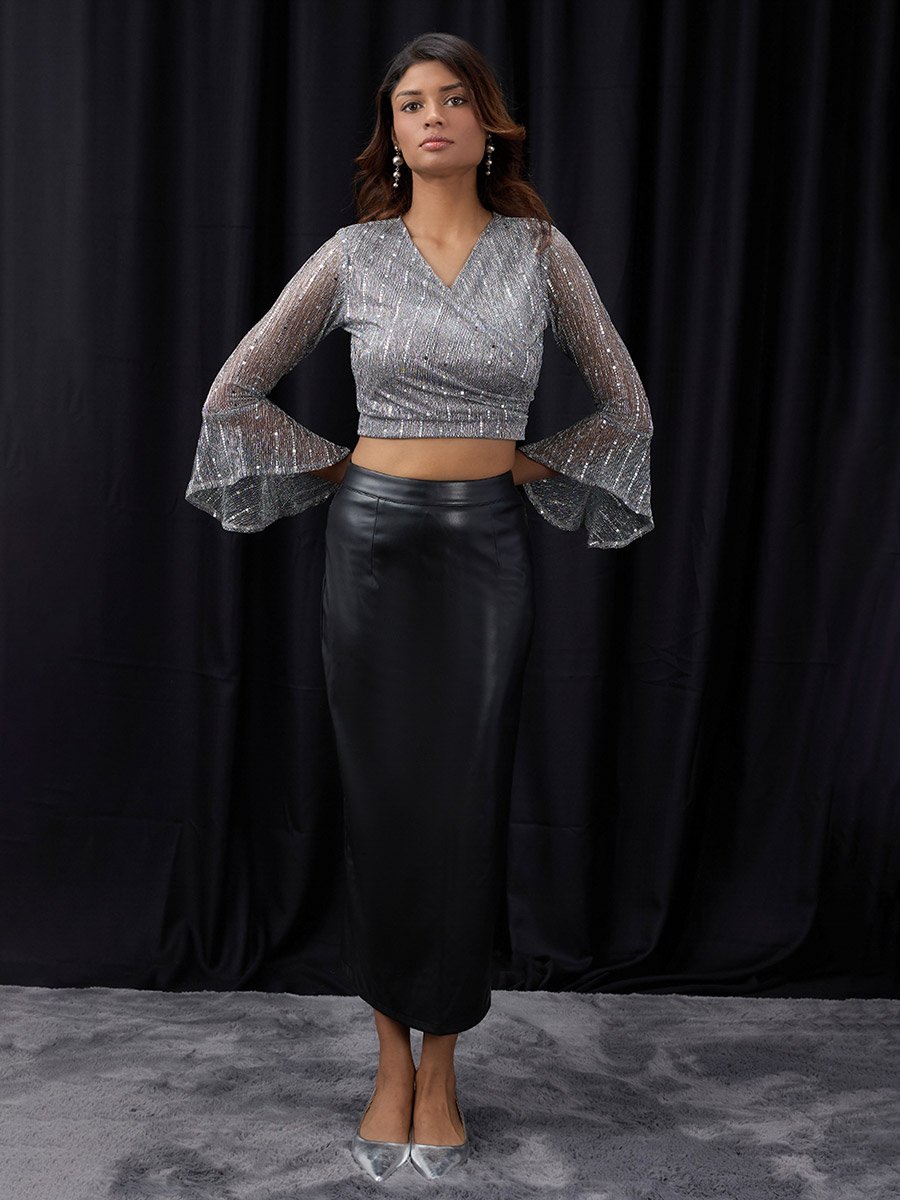 Women Grey Flared Sleeves Embellished Crop Top