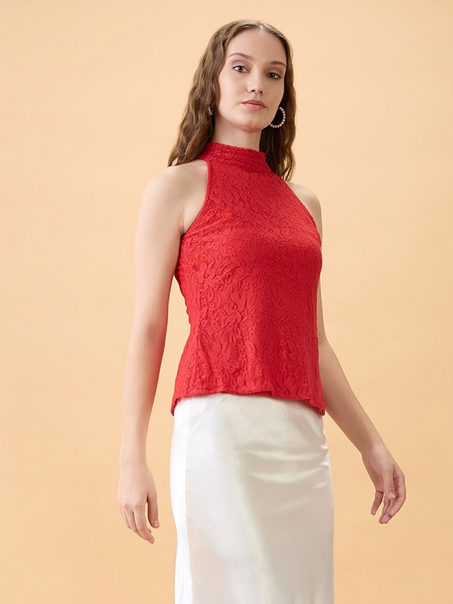 Women Red Floral Lace Sleeveless Top