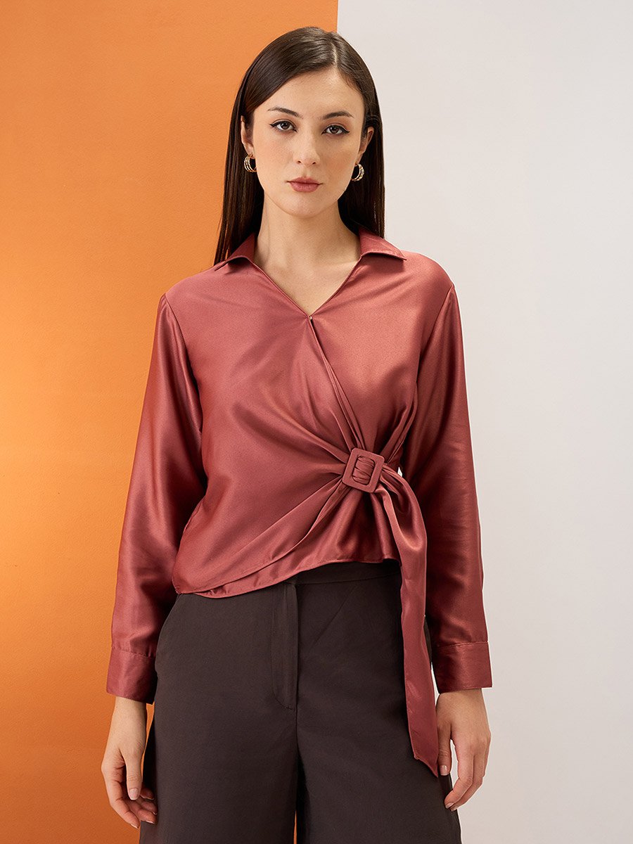 Women Solid Shirt Collar Twisted Buckle Detail Top