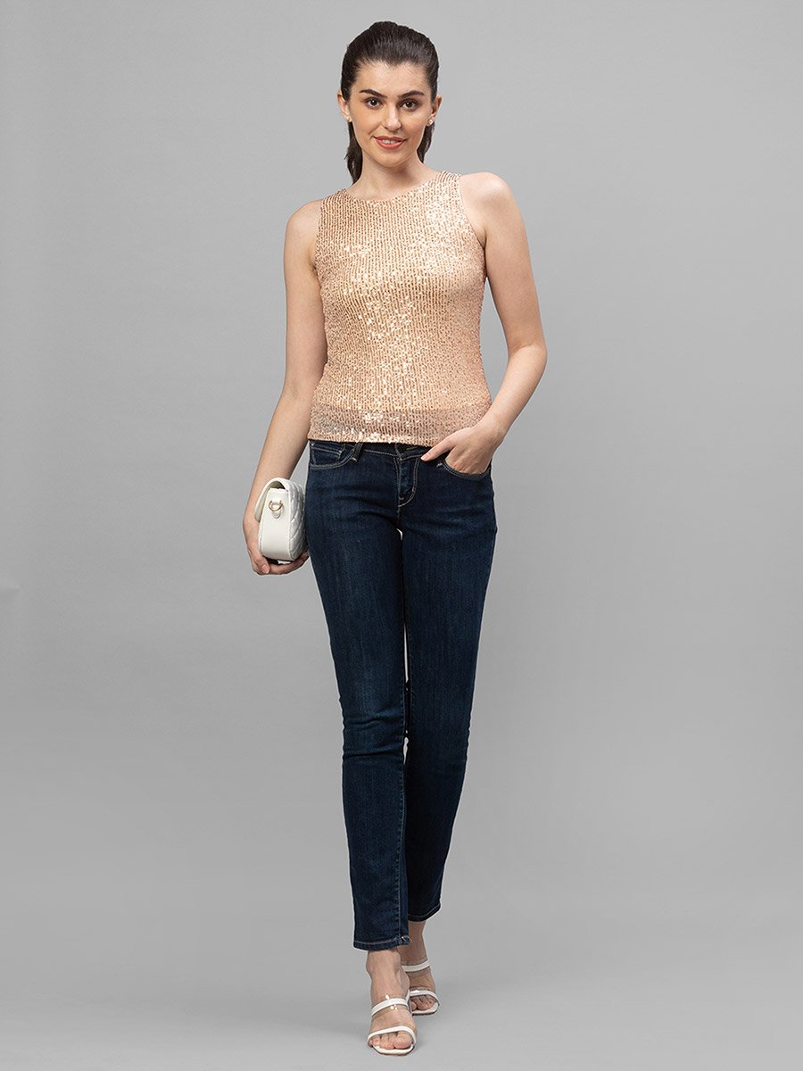 Women Gold Embellished Round Neck Top