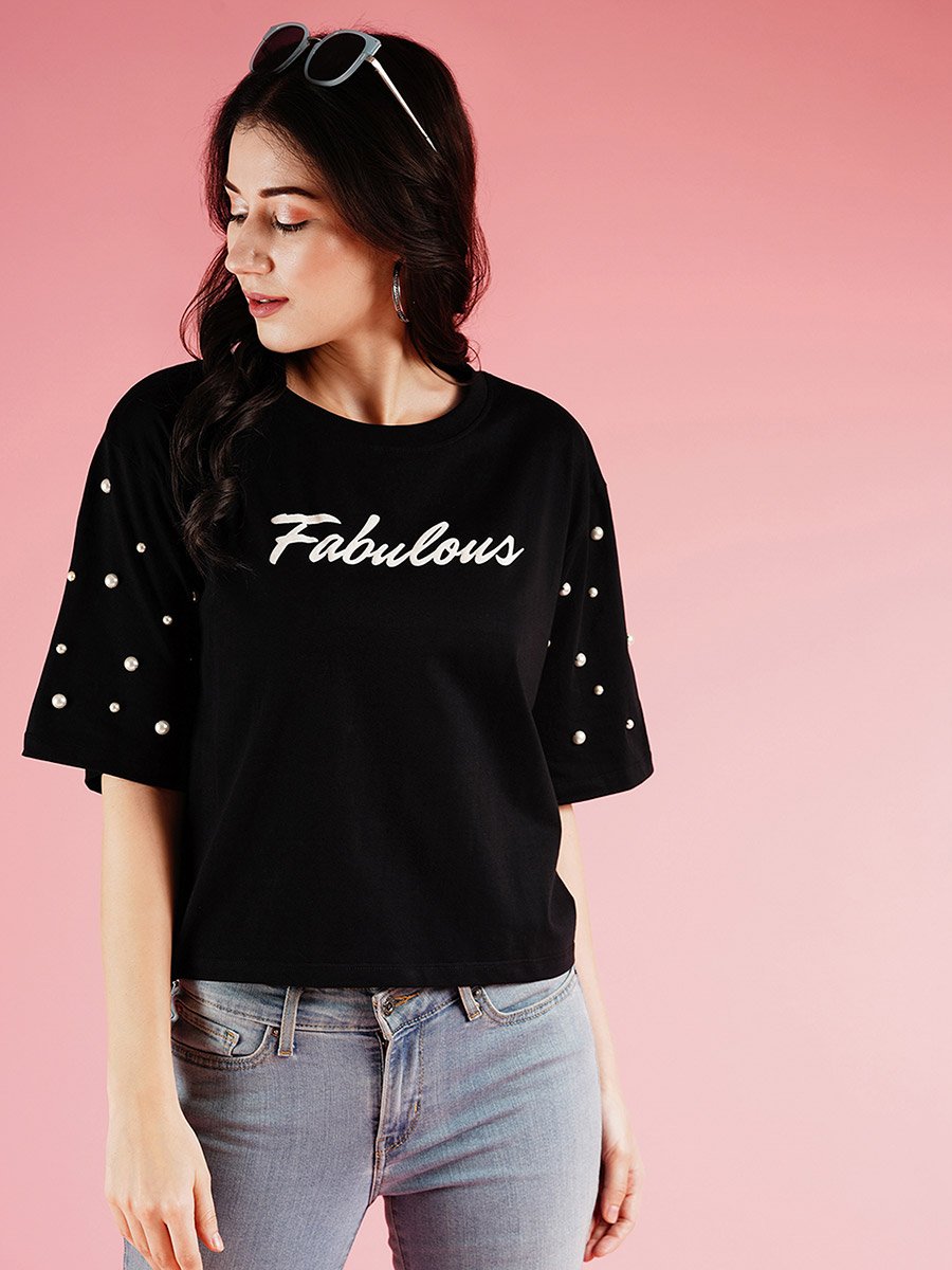 Black Studded Slogan Print Boxy T-Shirt