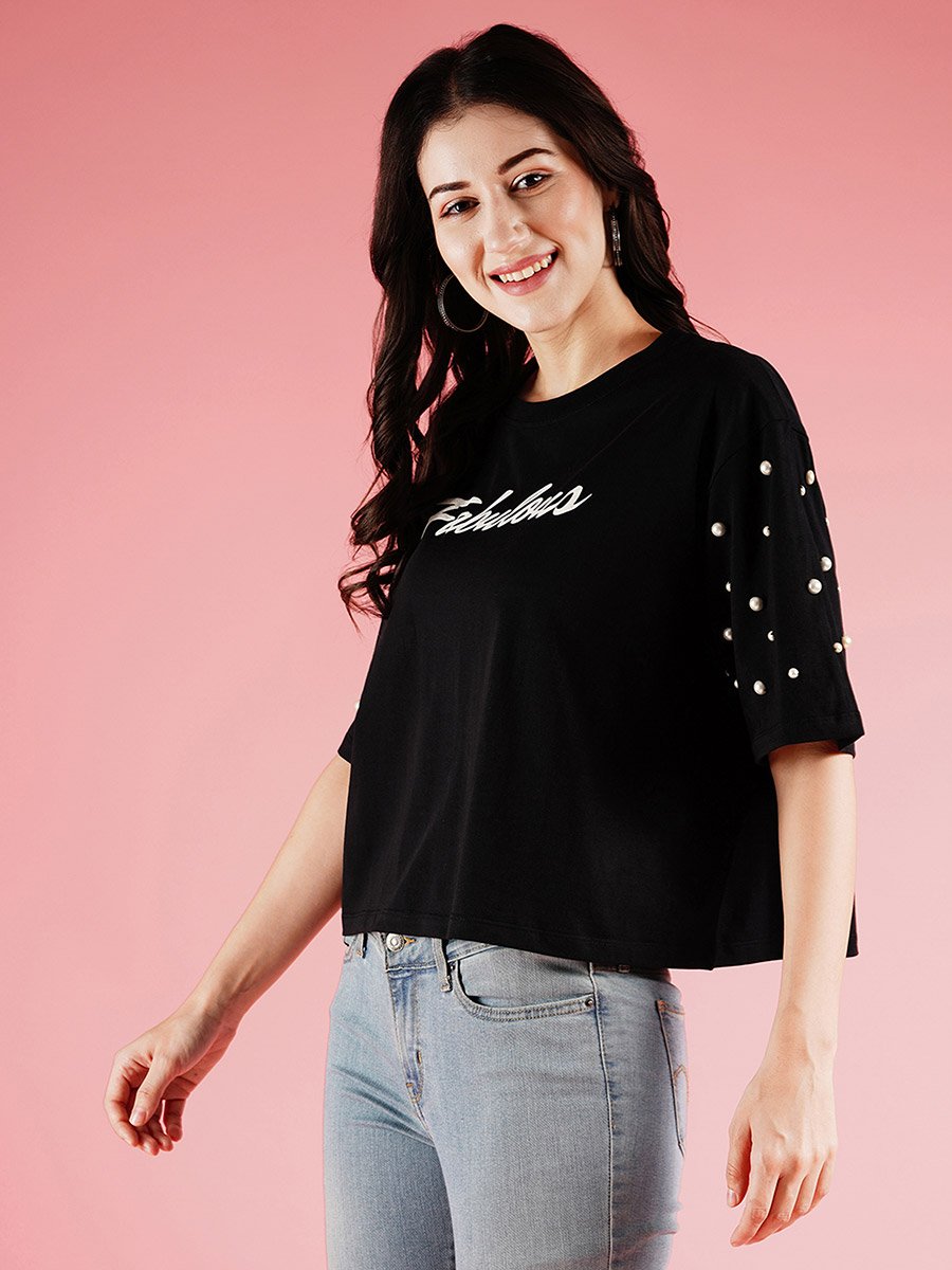 Black Studded Slogan Print Boxy T-Shirt