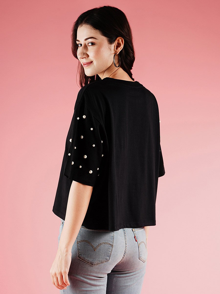 Black Studded Slogan Print Boxy T-Shirt