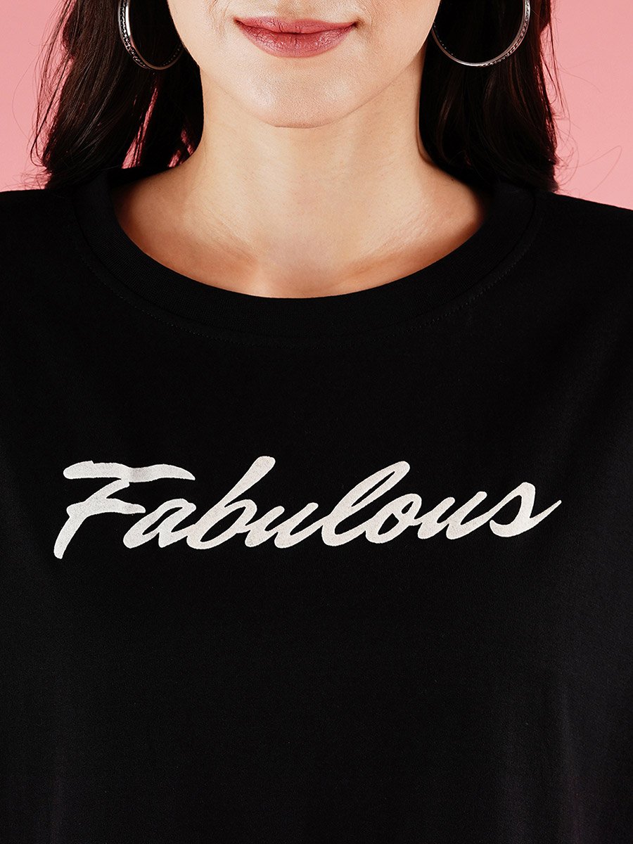 Black Studded Slogan Print Boxy T-Shirt