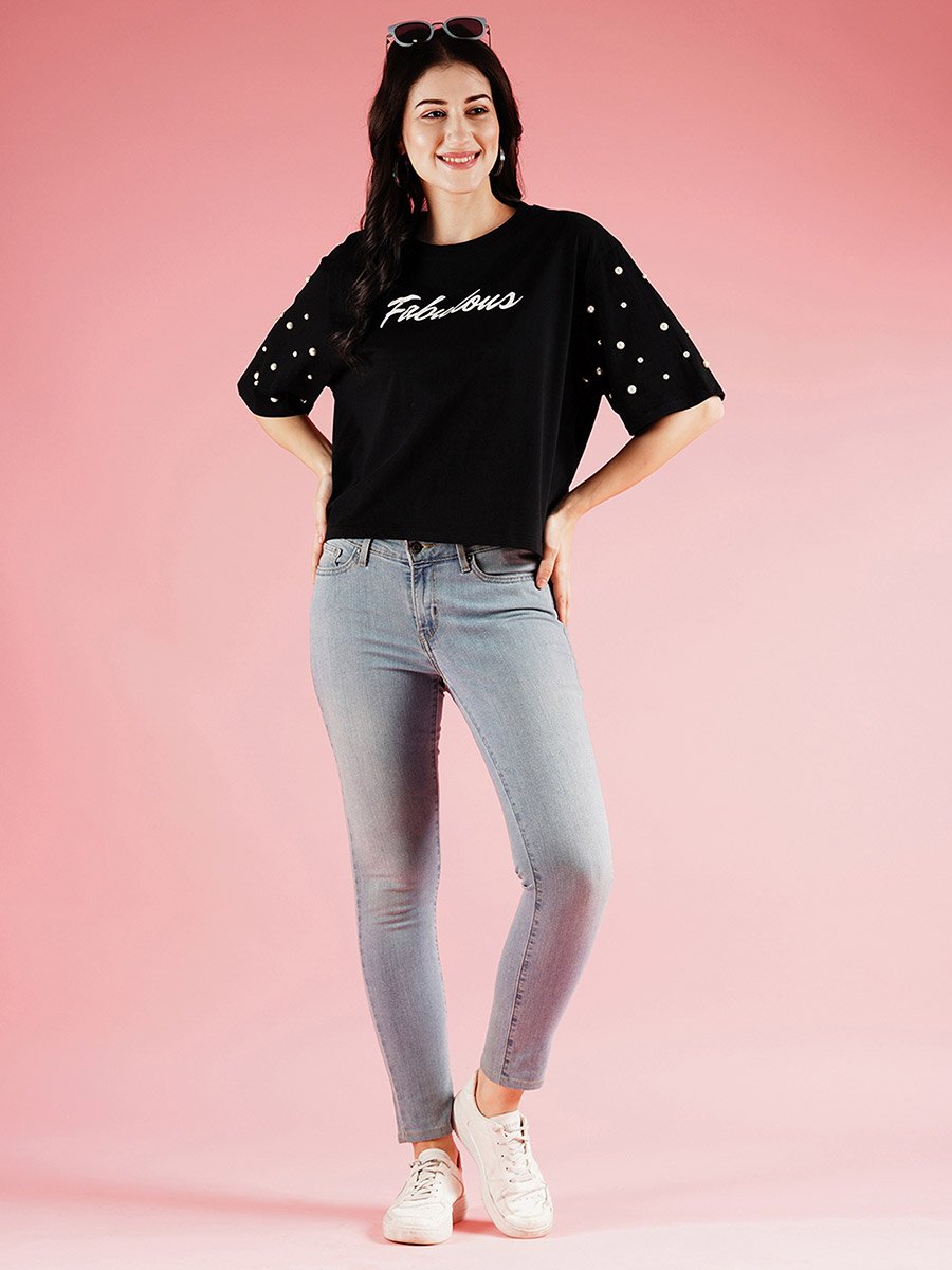 Black Studded Slogan Print Boxy T-Shirt