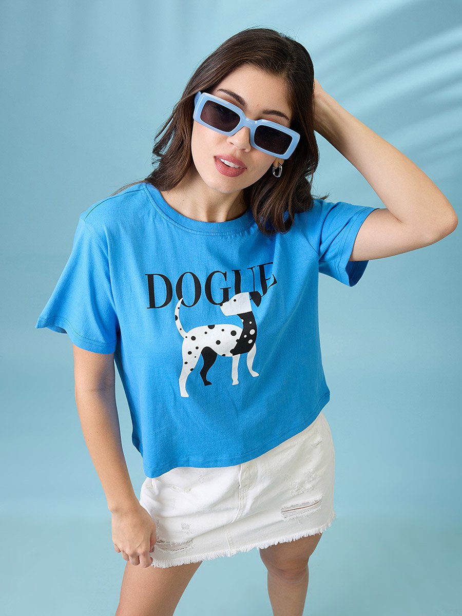 Blue Graphic Print Oversized Crop T-Shirt