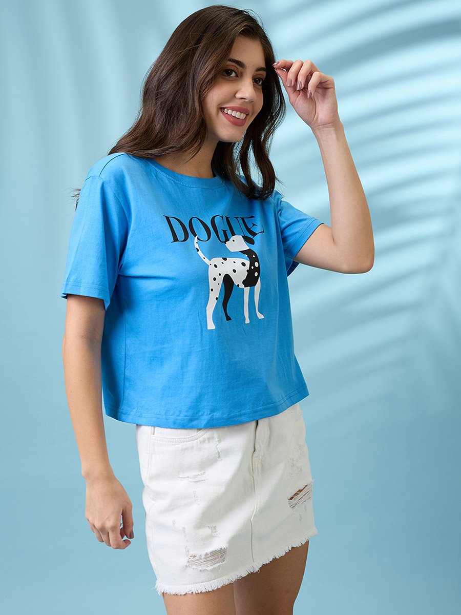 Blue Graphic Print Oversized Crop T-Shirt