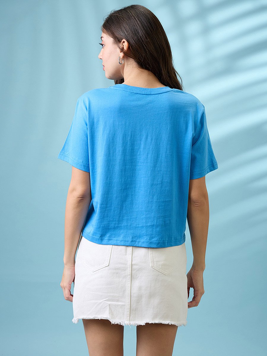 Blue Graphic Print Oversized Crop T-Shirt