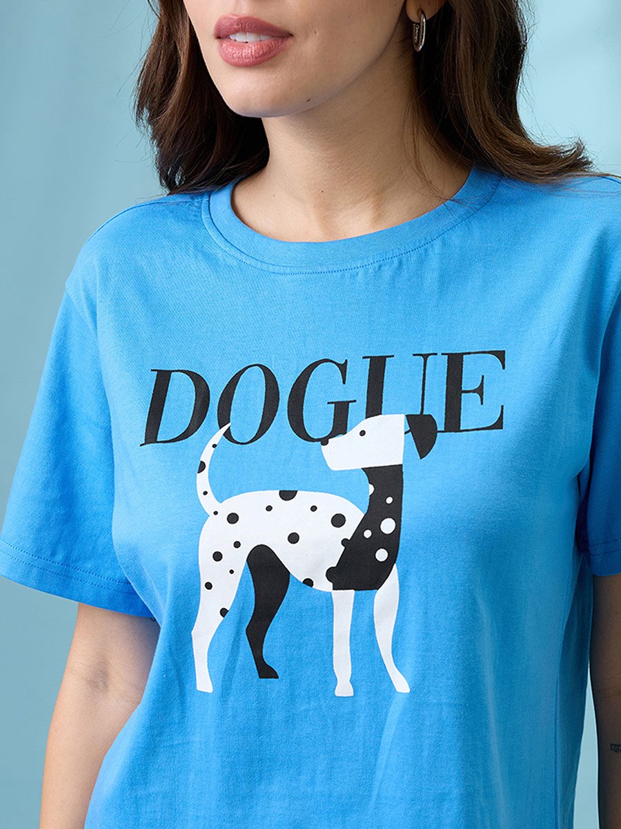 Blue Graphic Print Oversized Crop T-Shirt