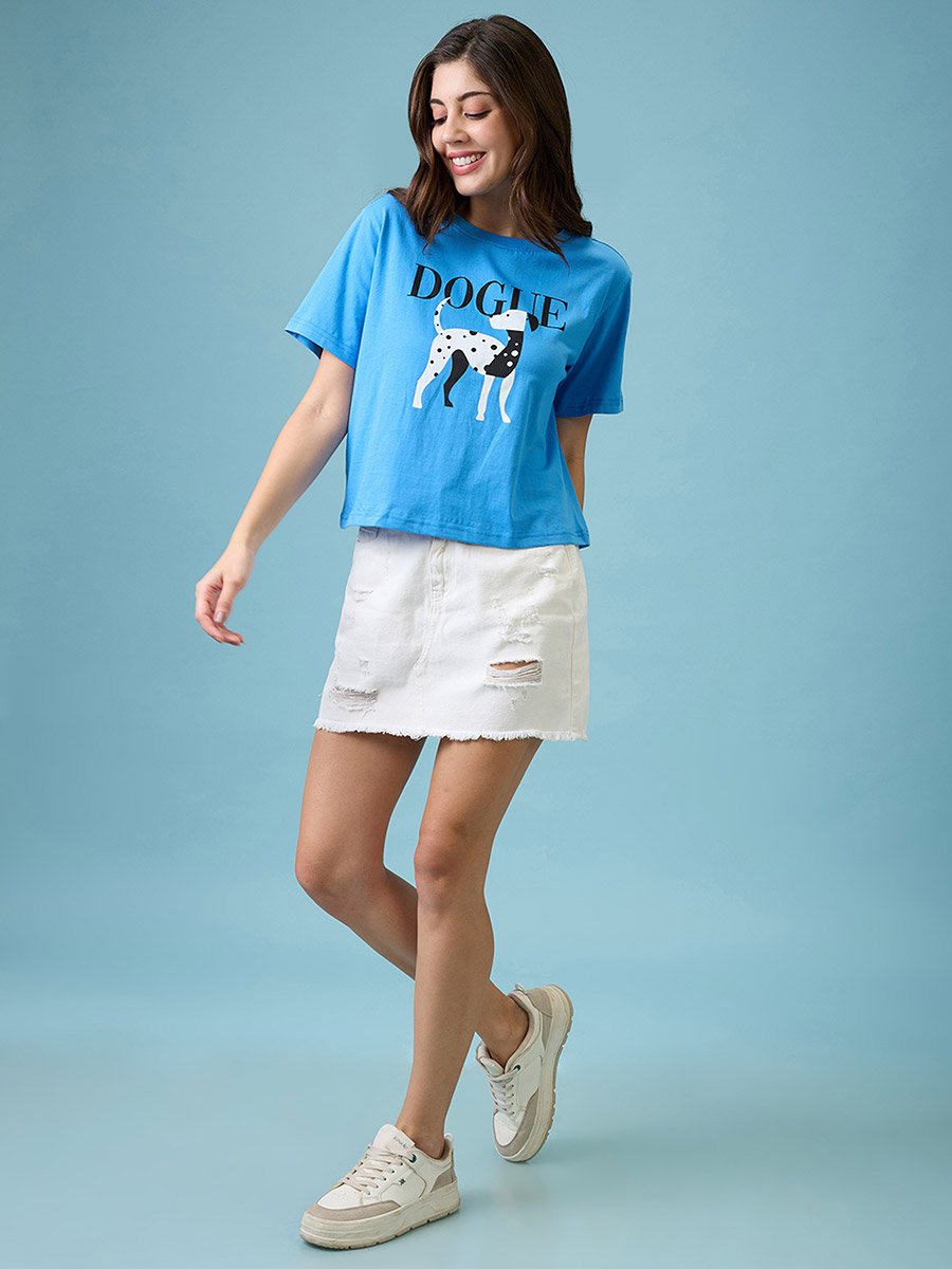Blue Graphic Print Oversized Crop T-Shirt